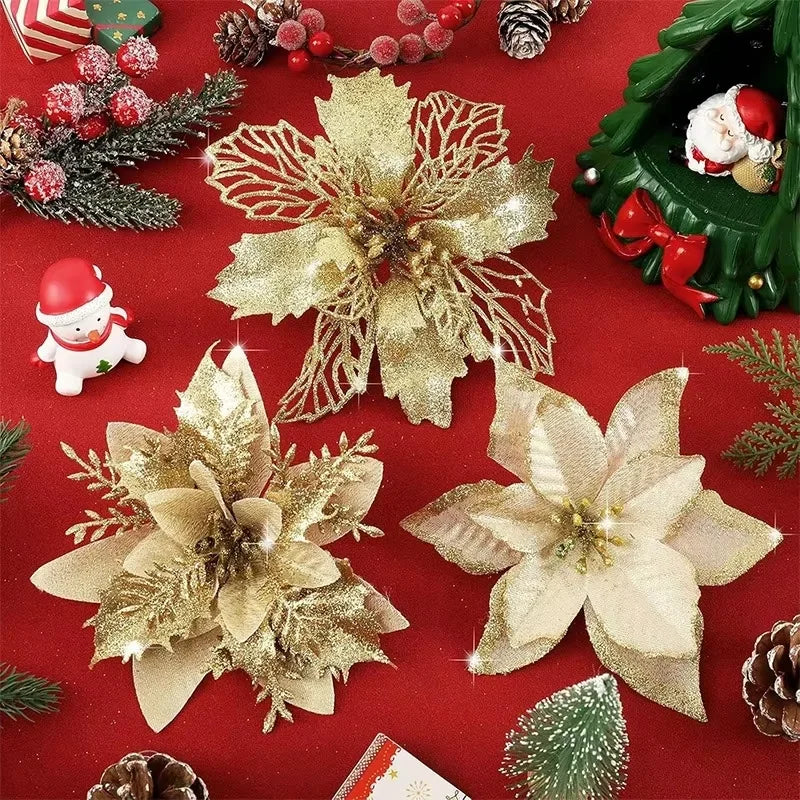 8/16Pcs Glitter Artificial Christmas Flowers Christmas Tree Decorations For Home Fake Flowers Xmas Ornaments 2025 New Year Decor Semilevi