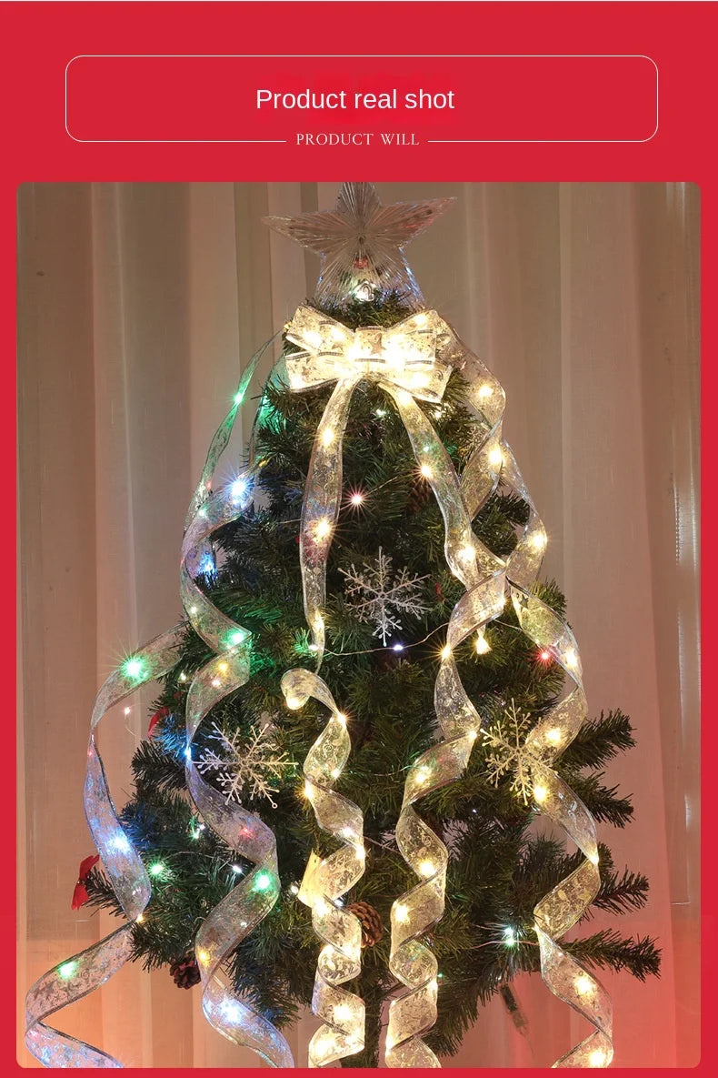 Christmas Decoration LED Ribbon Fairy Lights Christmas Tree Ornaments for Home 2025 DIY Bows Light String Navidad New Year 2026 Semilevi