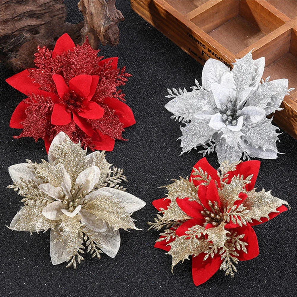 10/20Pcs Christmas Decoration Glitter Artifical Flowers Christmas Tree Decorations for Home Decor Xmas Ornaments New Year Decor Semilevi