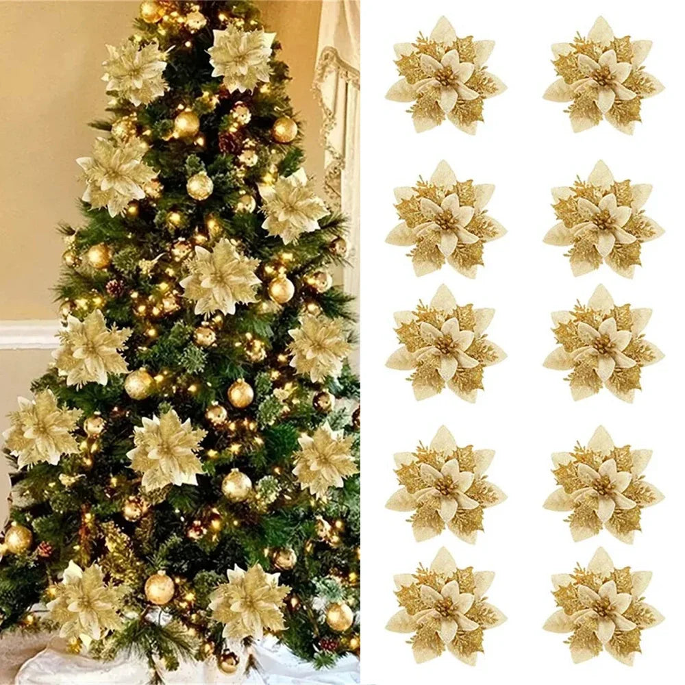 10/20Pcs Christmas Decoration Glitter Artifical Flowers Christmas Tree Decorations for Home Decor Xmas Ornaments New Year Decor Semilevi