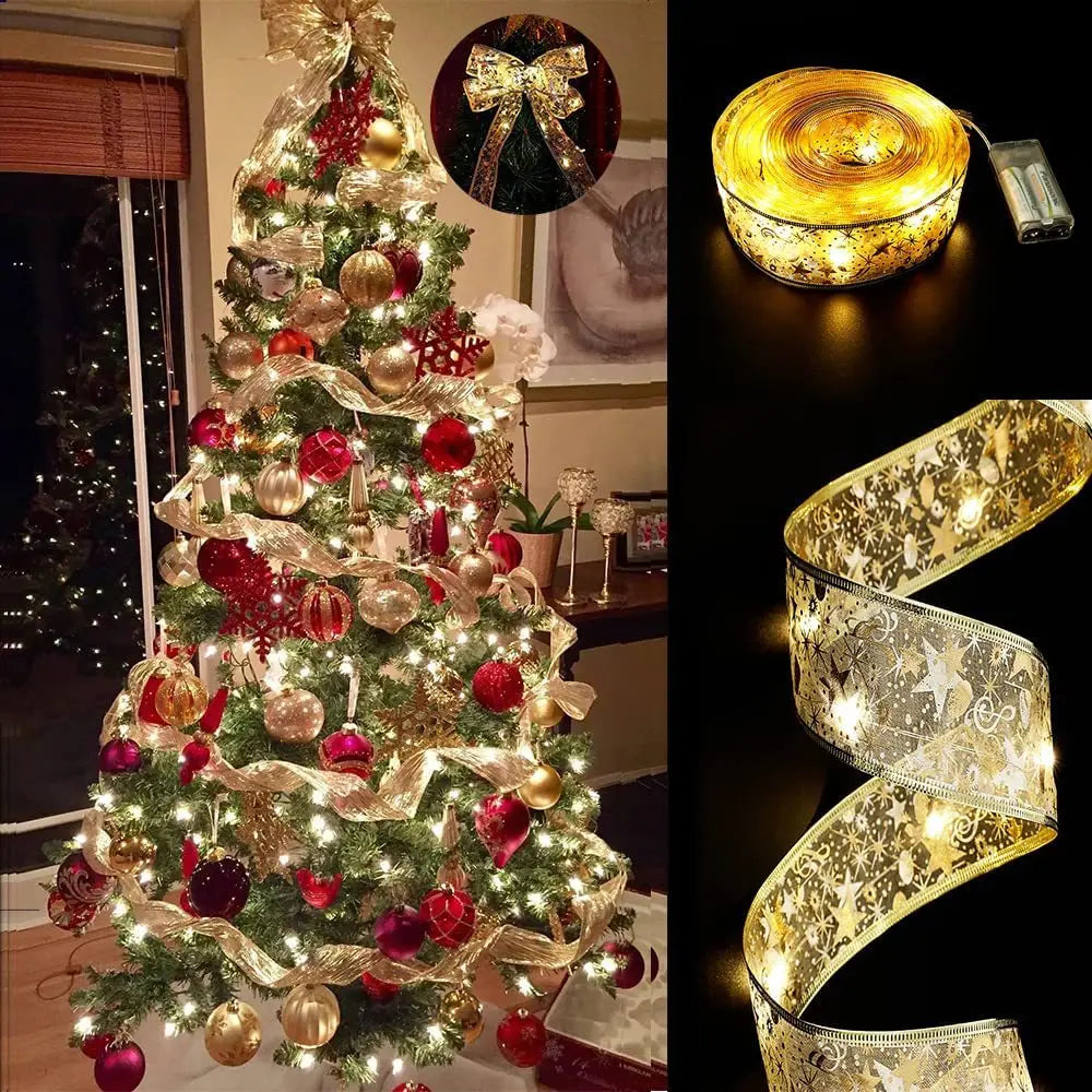 Christmas Decoration LED Ribbon Fairy Lights Christmas Tree Ornaments for Home 2025 DIY Bows Light String Navidad New Year 2026 Semilevi