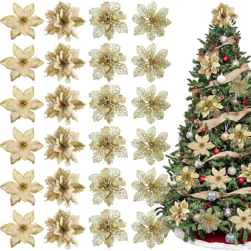 8/16Pcs Glitter Artificial Christmas Flowers Christmas Tree Decorations For Home Fake Flowers Xmas Ornaments 2025 New Year Decor Semilevi