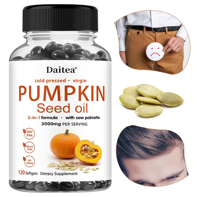 Pumpkin Seed Oil + Saw Palmetto Extract, Supports Prostate and Urinary System Health, Hair Care, Anti-Hair Loss, Men's Health Semilevi