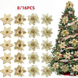8/16Pcs Glitter Artificial Christmas Flowers Christmas Tree Decorations For Home Fake Flowers Xmas Ornaments 2025 New Year Decor Semilevi