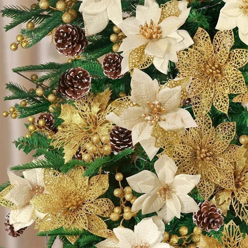 8/16Pcs Glitter Artificial Christmas Flowers Christmas Tree Decorations For Home Fake Flowers Xmas Ornaments 2025 New Year Decor Semilevi