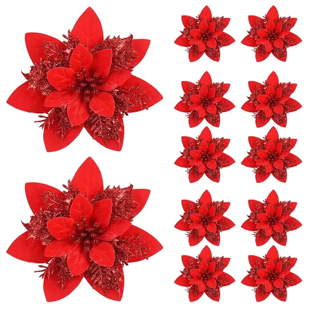 10/20Pcs Christmas Decoration Glitter Artifical Flowers Christmas Tree Decorations for Home Decor Xmas Ornaments New Year Decor Semilevi